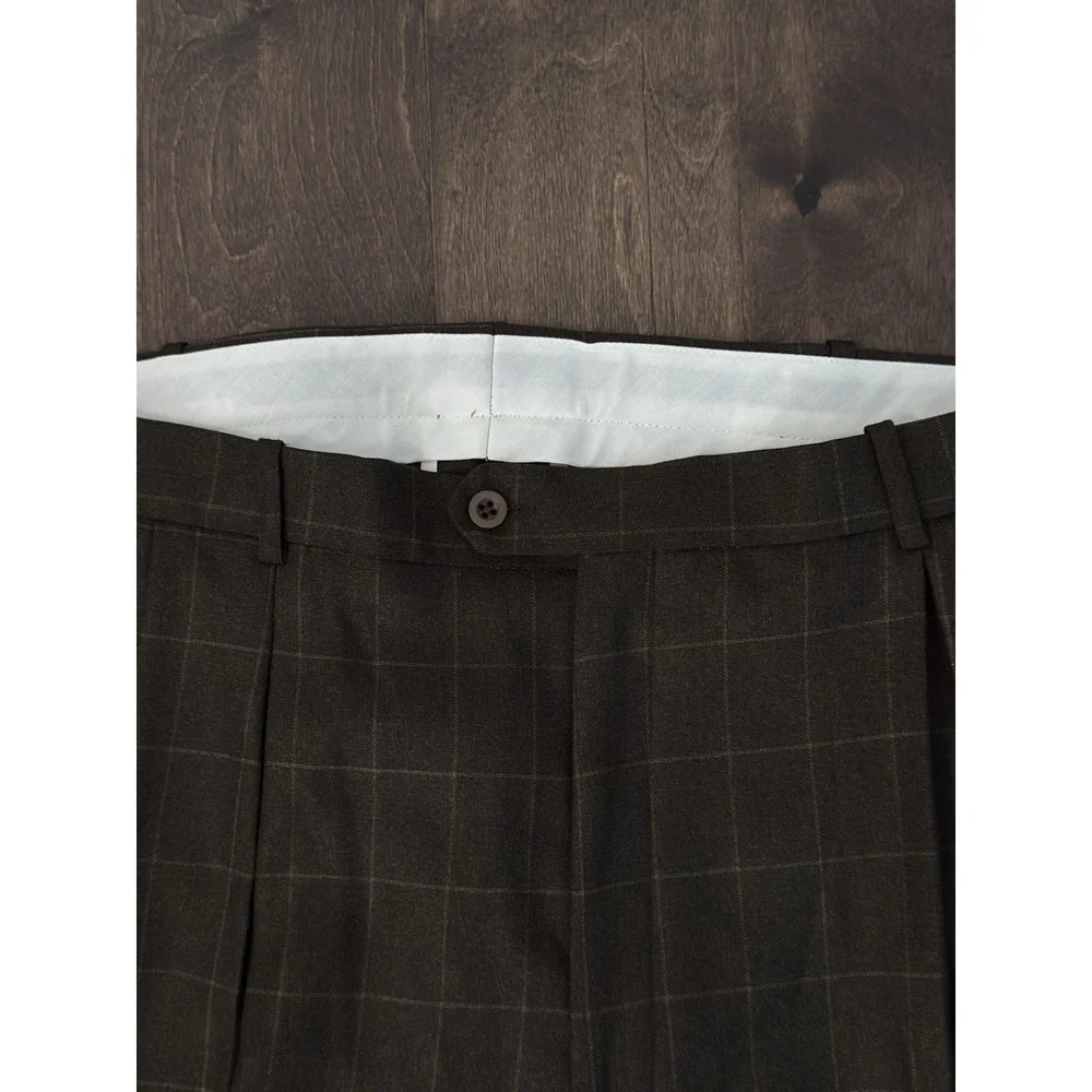 NWT Pronti Phita Mens Brown Windowpane Pleated Dress Pants Size 40X33 Cuffed